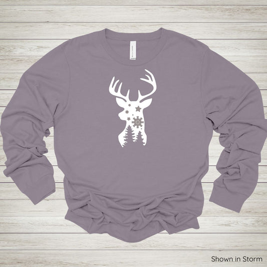 Winter Deer Silhouette Tee – Long Sleeve - White Ink