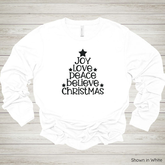 Joy Love Peace Believe Christmas Tee – Long Sleeve - Black Ink